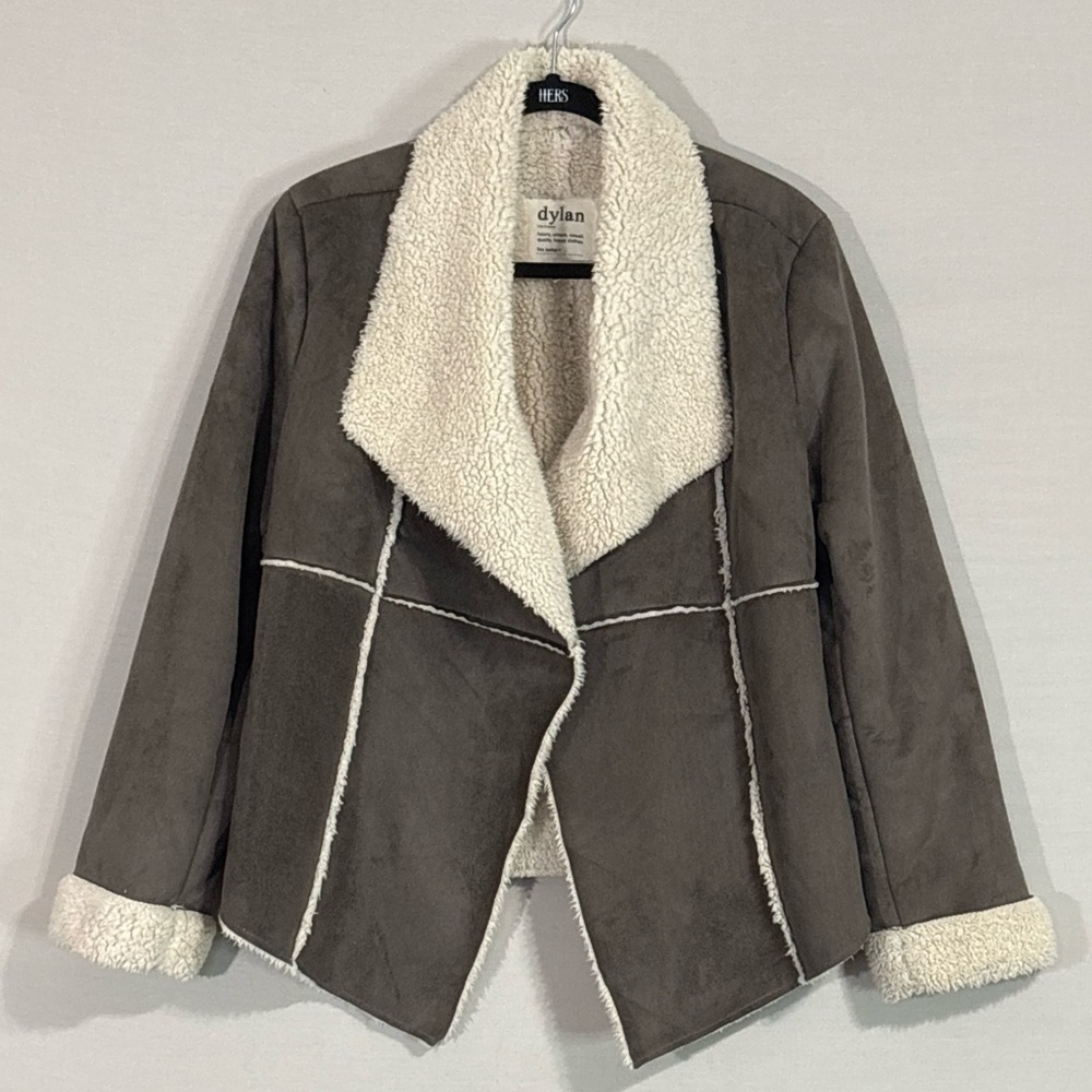 Dylan Taupe Faux Shearling Cropped Jacket Sherpa Collar Medium